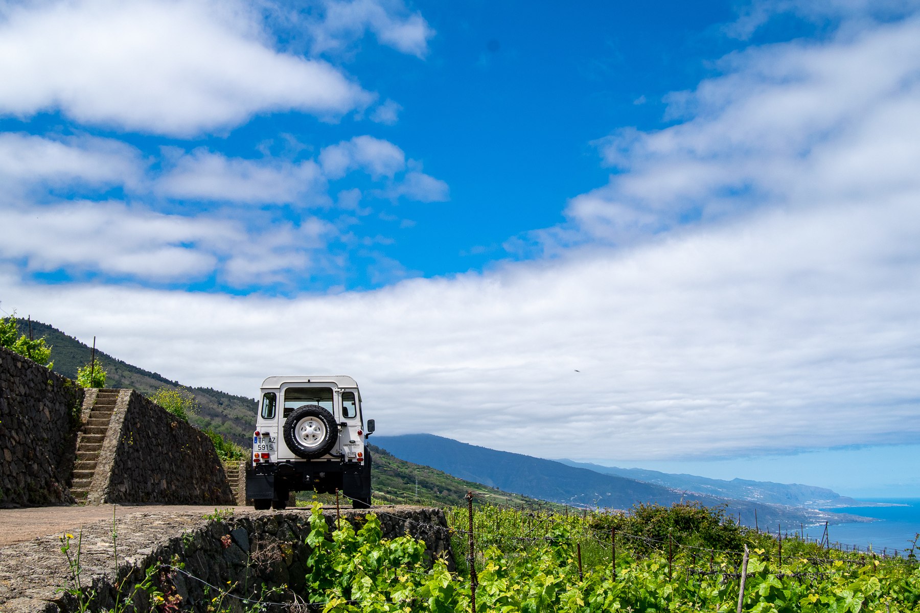 Land Rover Defender 90 parked on a coast road above terraced vineyards in the Canary Islands